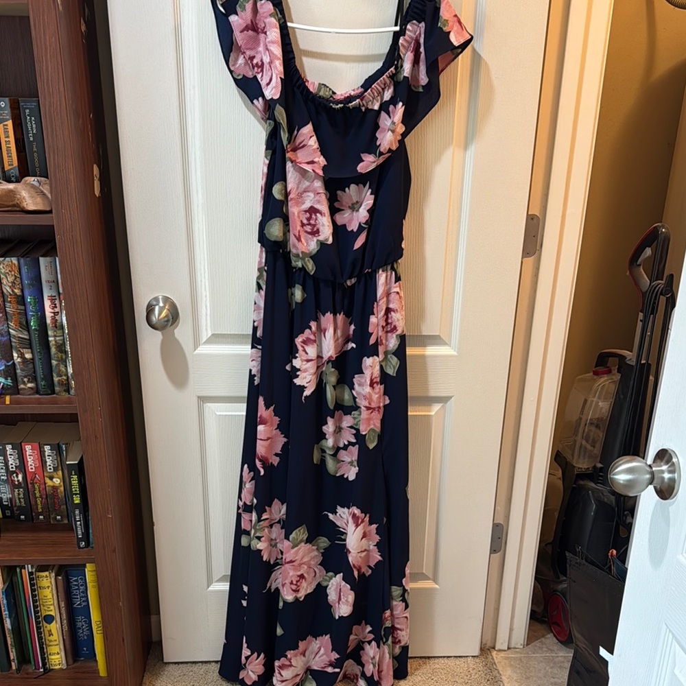Navy and Pink Off the Shoulder Flutter Sleeve Maxi Dress
